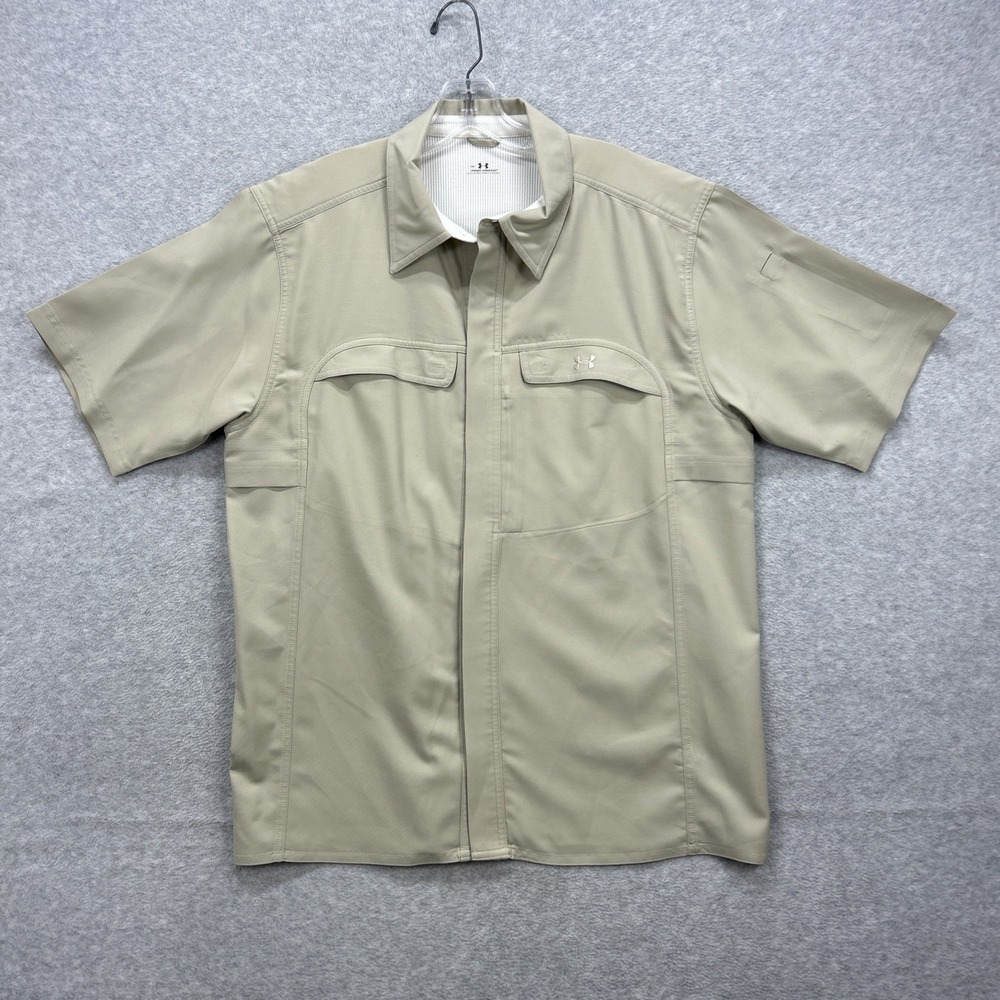 Under Armour Shirt Mens Medium Tan Short Sleeve Hidden Buttons Tech Performance